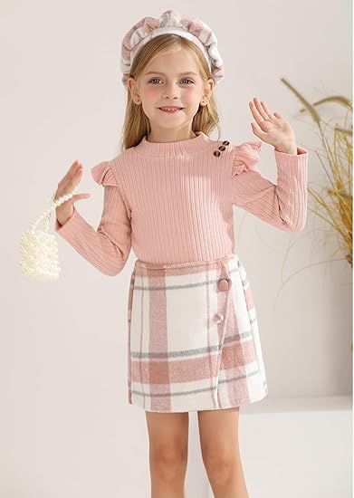 Patgoal Baby Girl Outfit – 3-Piece Ruffled Long Sleeve Top, Plaid Skirt, and Beret Set for Fall and Winter