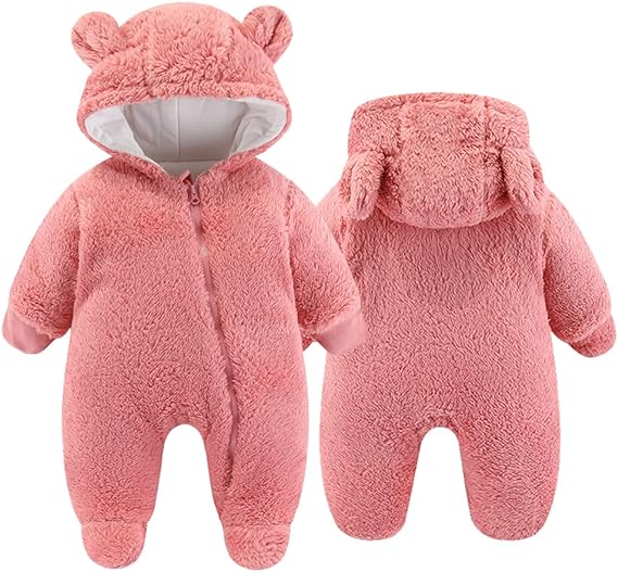 UVIPC Newborn Baby Fleece Footie Snowsuit – Warm Winter Hooded Bear Onesie for Boys and Girls