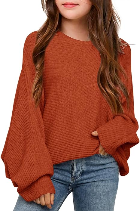 Mafulus Girls’ Oversized Crewneck Fall Sweater – Batwing Sleeve Pullover for Kids (Ages 5-14)