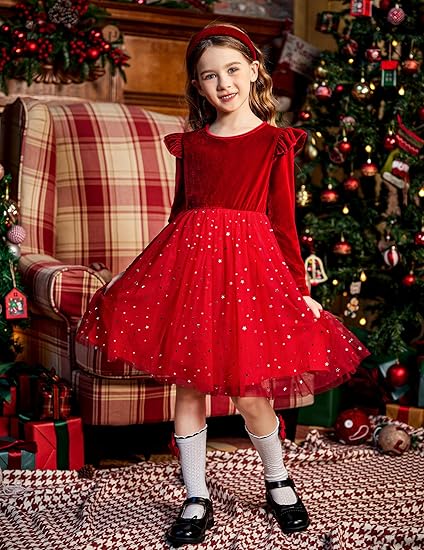 Arshiner Toddler Tutu Dress – Velvet and Tulle Long Sleeve Ruffle Holiday Party Dress for Girls, Ages 2-6 Years